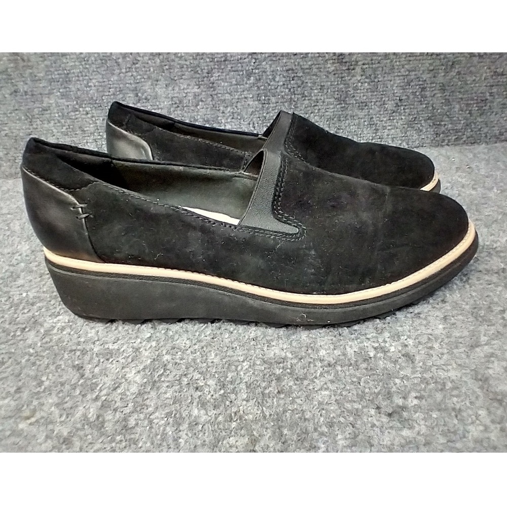 Clarks Sharon Dolly Loafers Women 7.5 Black Suede Wedge Slip On 261363594050